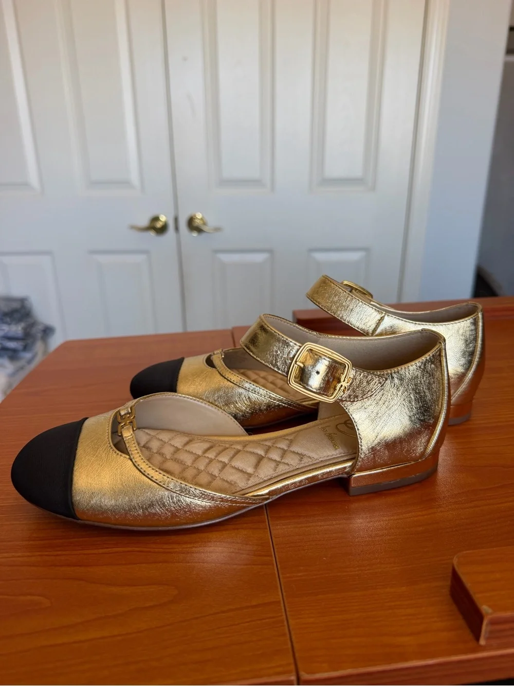 Sam Edelman Gold and Black Quilted Insole Ankle-Strap Flats NWOT